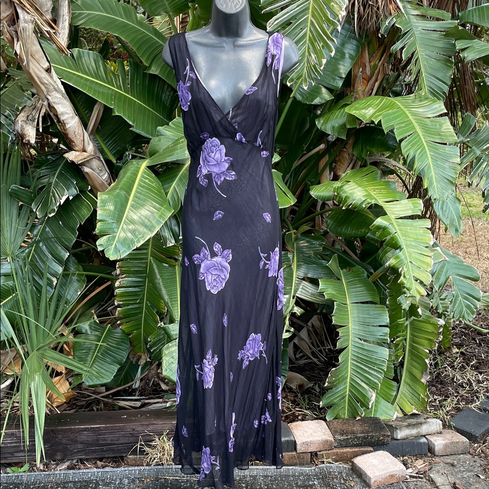 Nostalgia, dark floral, sheer bias, cut tea dress